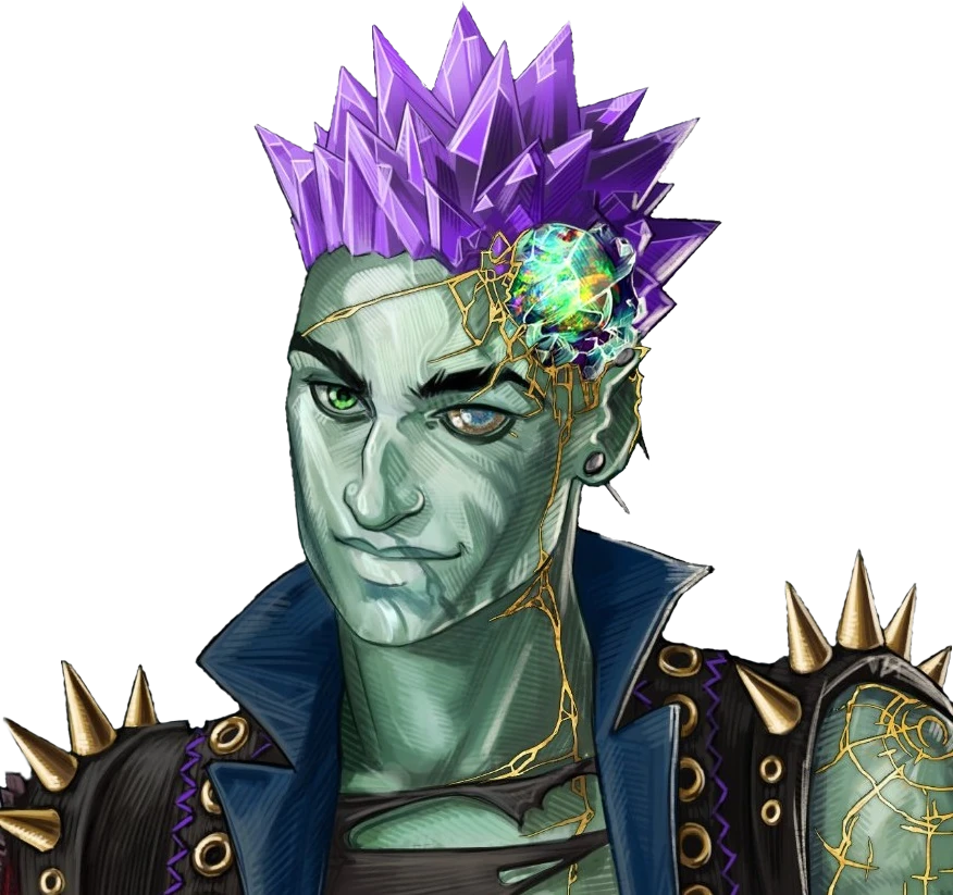 Ashton from the shoulders up. An earth-genasi with green, crystal-like skin and purple crystaline hair. Embedded in his left temple is a glowing piece of glass with yellow lines streaking out from it across their face. They are wearing a black high-collared vest with a blue interior and long spikes on the shoulders. Underneath is a black shirt with large tears across it. Their arms are bare, the left shoulder covered in golden radiating lines.