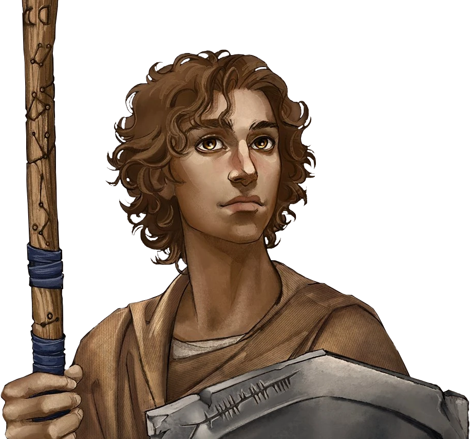 Ayden from the chest up. A young human boy with light tan skin and a mop of curly brown hair reaching the base of his long neck. Wearing a simple brown tunic over an off-white shirt. Wielding a cracked steel shield in his left hand and holding a straight wooden staff with blue cord wrappings in his right hand.