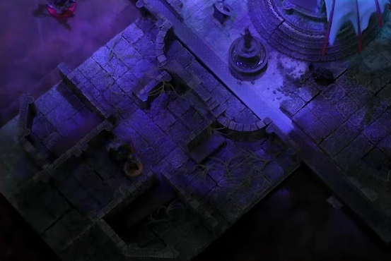 A battlemap focused on a long, thin stone hallway. In the hallway are Fearne and Chetney in his wolf form. At the end of the hallway is a fountain bearing a statue, with the dragon wing of Gloamglut just visible at the edge of the frame.