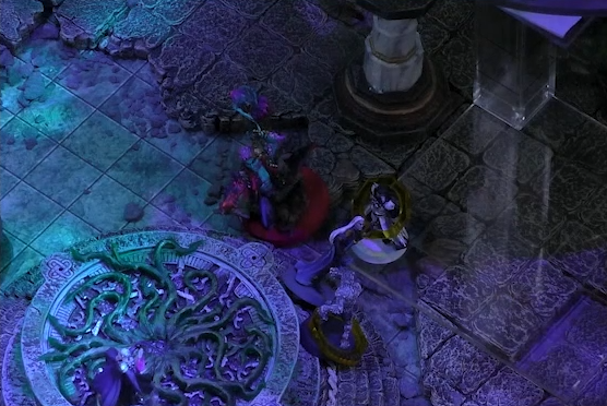 A battlemap of a stone chamber focused on a vine-filled basin. Next to the basin are Ashton, Braius, and Wolven Chetney surrounding Ludinus. Ashton is in his titan form. Braius and Chetney’s miniatures have status effect rings around them.