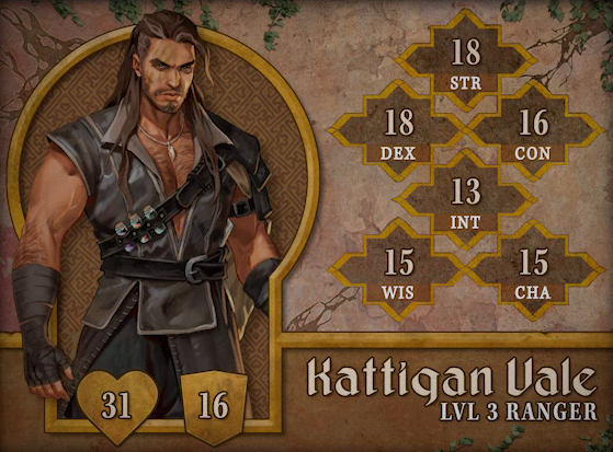 Character card for Kattigan Vale, level 3 Ranger, with 31 HP, 16 AC, 18 strength, 18 dexterity, 16 constitution, 13 intelligence, 15 wisdom, and 15 charisma. A tan-skinned muscular human with long brown hair reaching his chest and a short beard. Three scars streak down across the right side of his face. He wears a dark gray sleeveless vest open down to his naval, cinched at the waist with a black leather belt. Dark gray wraps cover his hands and forearms. A necklace bearing a curved tooth hangs above his hairy chest. A strap across his body carries three corked potion vials, one containing purple liquid, one orange, and one green. He looks at the viewer, dark and brooding.