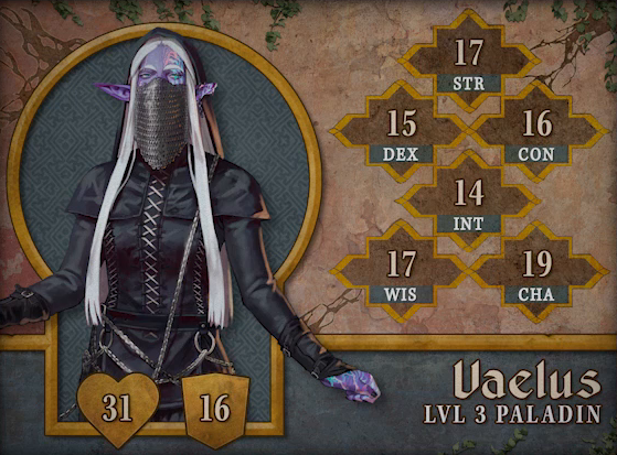 Character card for Vaelus, level 3 Paladin, with 31 HP, 16 AC, 17 strength, 15 dexterity, 16 constitution, 14 intelligence, 17 wisdom, and 19 charisma. A purple-skinned elf with a hood and long straight white hair reaching to her waist. She wears a chainmail veil covering the lower half of her face and a long-sleeved black leather shirt laced up to her neck. Chains hang from rings attatched around her waist and drape across her left shoulder. Her purple skin has patterns of oranges, pinks, greens, and blues on the left side of her face and on her left hand. She stares forward, eyes narrowed.
