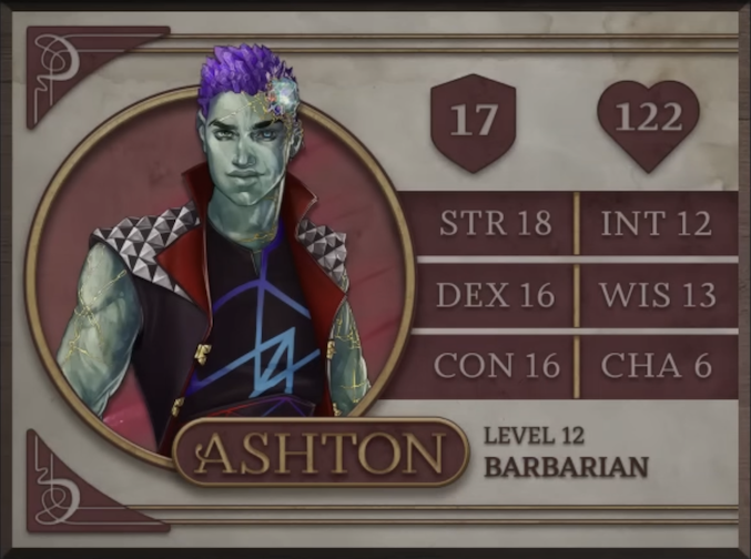 Ashton, class Barbarian level 12, with 17 AC, 122 HP, 18 strength, 16 dexterity, 16 constitution, 12 intelligence, 13 wisdom, and 6 charisma. An earth-genasi with green, crystal-like skin and purple crystaline hair. Embedded in his left temple above his smirking expression is a glowing piece of glass with orange and yellow lines streaking out from it across their face. They are wearing a black sleeveless vest with a large, red, splayed collar and silver metal spiked pyramids on the shoulders. The golden clasps of the vest sit unconnected on either side of his torso. Under the vest is a black shirt sporting a purple and blue geometric design.