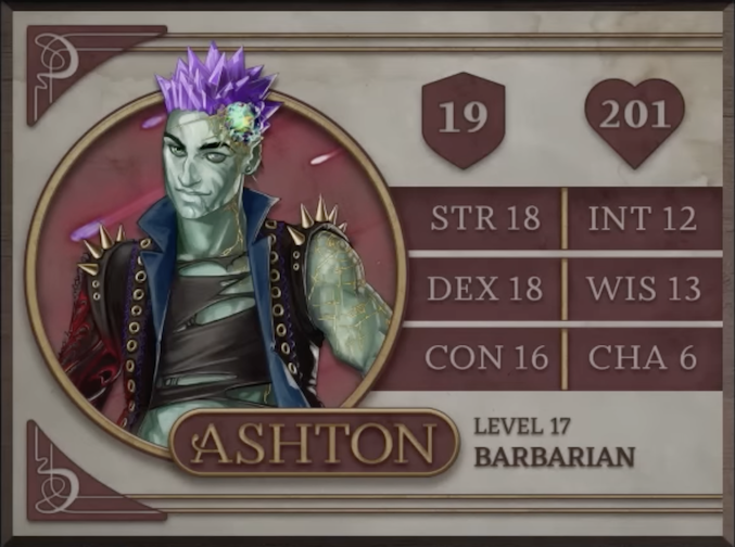 Ashton, class Barbarian level 17, with 19 AC, 201 HP, 18 strength, 18 dexterity, 16 constitution, 12 intelligence, 13 wisdom, and 6 charisma. An earth-genasi with green, crystal-like skin and purple crystaline hair. Embedded in his left temple is a glowing piece of glass with yellow lines streaking out from it across their face. They are wearing a black high-collared vest with a blue interior and long spikes on the shoulders. Underneath is a black shirt with large tears across it. Their arms are bare, the left one covered in golden radiating lines and the right one black with molten red swirls.