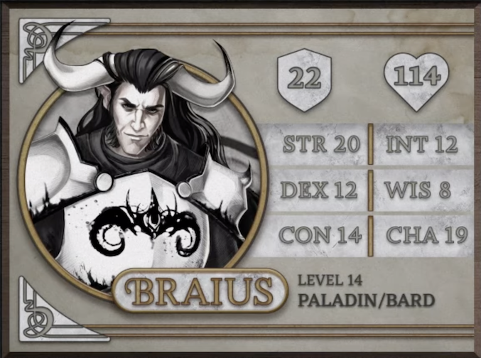 Braius, class Paladin/Bard level 14, with 22 AC, 114 HP, 20 strength, 12 dexterity, 14 constitution, 12 intelligence, 8 wisdom, and 19 charisma. A minotaur entirely in black and white, with white skin and black hair draping over his two large horns which curve upwards from the top of his head. Wearing white plate armor with a black symbol of two curving horns on the chest and staring intensely at the viewer.