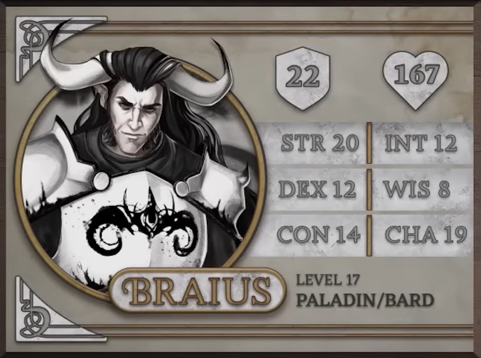 Braius, class Paladin/Bard level 17, with 22 AC, 167 HP, 20 strength, 12 dexterity, 14 constitution, 12 intelligence, 8 wisdom, and 19 charisma. A minotaur entirely in black and white, with white skin and black hair draping over his two large horns which curve upwards from the top of his head. Wearing white plate armor with a black symbol of two curving horns on the chest and staring intensely at the viewer.