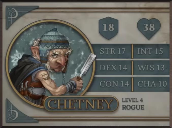 Chetney, class Rogue level 4, with 18 AC, 38 HP, 17 strength, 14 dexterity, 14 constitution, 15 intelligence, 13 wisdom, and 10 charisma. An old gnome man with white skin wearing a brown, blue, and white knit winter cap covering some scars, white shirt, brown leather harness, and black and blue cape. White hair sprouts around his pointed ears, from the side of his jaw, and his eyebrows. He holds a large wood chisel in his right hand, with a number of other wood carving tools strapped to his harness. A tattoo of a crown and the letters “RTA” is near his right shoulder. He glares at the camera.