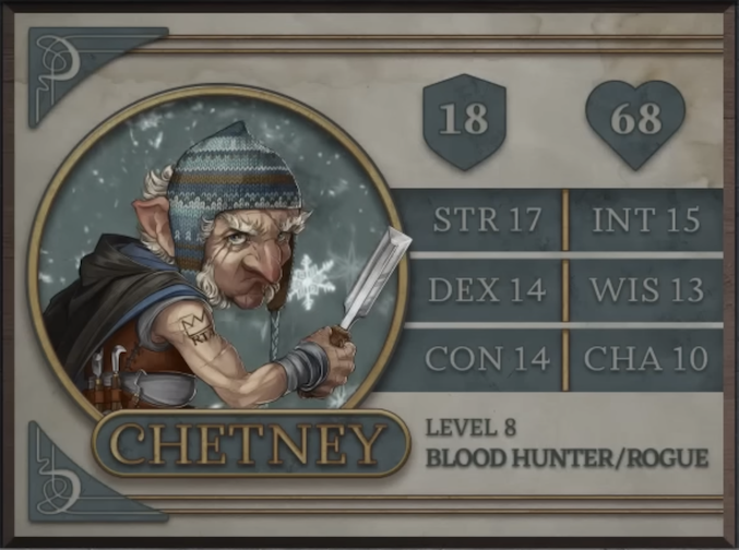 Chetney, class Blood Hunter/Rogue level 8, with 18 AC, 68 HP, 17 strength, 14 dexterity, 14 constitution, 15 intelligence, 13 wisdom, and 10 charisma. An old gnome man with white skin wearing a brown, blue, and white knit winter cap covering some scars, white shirt, brown leather harness, and black and blue cape. White hair sprouts around his pointed ears, from the side of his jaw, and his eyebrows. He holds a large wood chisel in his right hand, with a number of other wood carving tools strapped to his harness. A tattoo of a crown and the letters “RTA” is near his right shoulder. He glares at the camera.