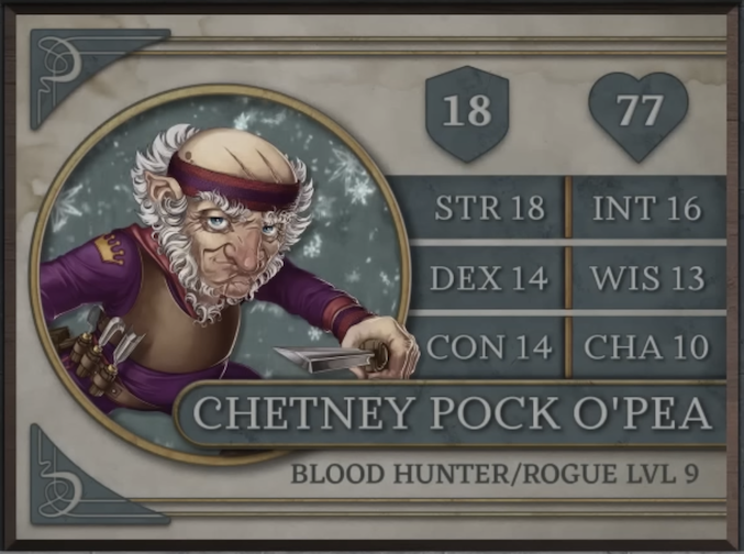 Chetney Pock O’Pea, class Blood Hunter/Rogue level 9, with 18 AC, 77 HP, 18 strength, 14 dexterity, 14 constitution, 16 intelligence, 13 wisdom, and 10 charisma. An old gnome man with white skin wearing a purple body suit, tan harness, and purple headband. Whispy white hair runs from his chin up to the sides of his head, crossing his face in the form of eyebrows. Three scratches are visible on his bald scalp. The emblem of a golden crown is on his right sleeve near the shoulder, and a set of wood carving tools are at his belt. He wields one of these tools in his left hand.