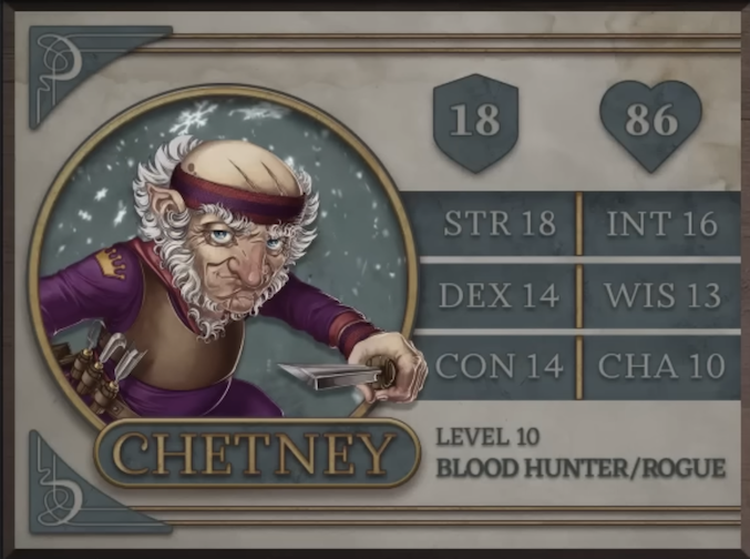 Chetney, class Blood Hunter/Rogue level 10, with 18 AC, 86 HP, 18 strength, 14 dexterity, 14 constitution, 16 intelligence, 13 wisdom, and 10 charisma. An old gnome man with white skin wearing a purple body suit, tan harness, and purple headband. Whispy white hair runs from his chin up to the sides of his head, crossing his face in the form of eyebrows. Three scratches are visible on his bald scalp. The emblem of a golden crown is on his right sleeve near the shoulder, and a set of wood carving tools are at his belt. He wields one of these tools in his left hand.