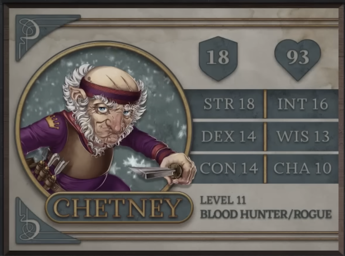 Chetney, class Blood Hunter/Rogue level 11, with 18 AC, 93 HP, 18 strength, 14 dexterity, 14 constitution, 16 intelligence, 13 wisdom, and 10 charisma. An old gnome man with white skin wearing a purple body suit, tan harness, and purple headband. Whispy white hair runs from his chin up to the sides of his head, crossing his face in the form of eyebrows. Three scratches are visible on his bald scalp. The emblem of a golden crown is on his right sleeve near the shoulder, and a set of wood carving tools are at his belt. He wields one of these tools in his left hand.