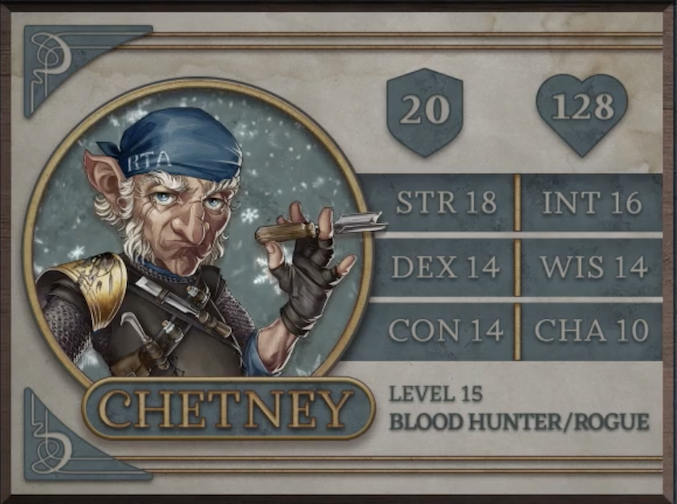 Chetney, class Blood Hunter/Rogue level 15, with 20 AC, 128 HP, 18 strength, 14 dexterity, 14 constitution, 16 intelligence, 14 wisdom, and 10 charisma. An old gnome man with white skin and tight black armor with a gold plate on his right shoulder. Whispy white hair emerges from around his large pointed ears and cheeks. On his head is a blue bandana with the text “RTA” in white on the side. He is holding a sharp woodworking tool in his left hand and others are attached to a bandolier on his armor.