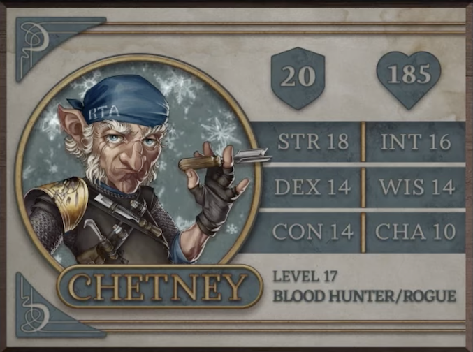 Chetney, class Blood Hunter/Rogue level 17, with 20 AC, 185 HP, 18 strength, 14 dexterity, 14 constitution, 16 intelligence, 14 wisdom, and 10 charisma. An old gnome man with white skin and tight black armor with a gold plate on his right shoulder. Whispy white hair emerges from around his large pointed ears and cheeks. On his head is a blue bandana with the text “RTA” in white on the side. He is holding a sharp woodworking tool in his left hand and others are attached to a bandolier on his armor.