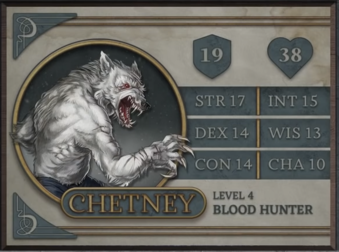 Chetney, class Blood Hunter level 4, with 19 AC, 38 HP, 17 strength, 14 dexterity, 14 constitution, 15 intelligence, 13 wisdom, and 10 charisma. A bipedal werewolf with white fur and red eyes. He stands with his back partially facing the camera, his muscular, scar-covered right arm extended and long claws brandished. His mouth is open, revealing many sharp teeth. While his upper body is bare, his lower half is covered by blue pants.