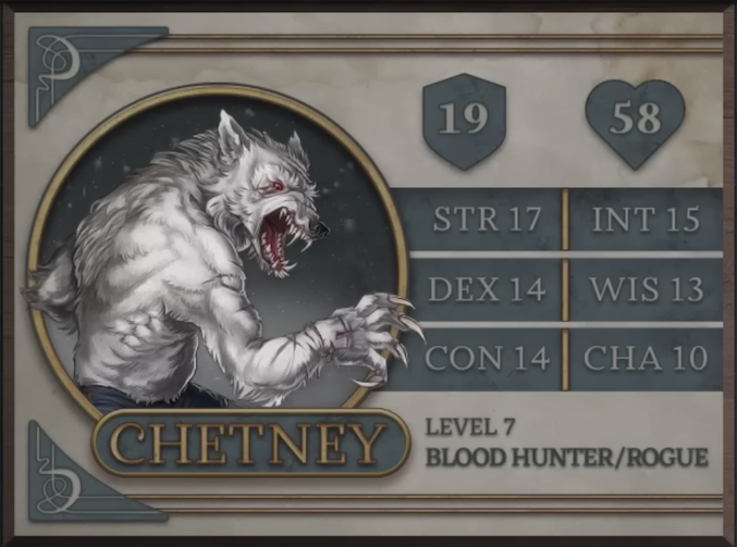 Chetney, class Blood Hunter/Rogue level 7, with 19 AC, 58 HP, 17 strength, 14 dexterity, 14 constitution, 15 intelligence, 13 wisdom, and 10 charisma. A bipedal werewolf with white fur and red eyes. He stands with his back partially facing the camera, his muscular, scar-covered right arm extended and long claws brandished. His mouth is open, revealing many sharp teeth. While his upper body is bare, his lower half is covered by blue pants.