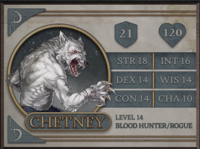 Chetney, class Blood Hunter/Rogue level 14, with 21 AC, 120 HP, 18 strength, 14 dexterity, 14 constitution, 16 intelligence, 14 wisdom, and 10 charisma. A bipedal werewolf with white fur and red eyes. He stands with his back partially facing the camera, his muscular, scar-covered right arm extended and long claws brandished. His mouth is open, revealing many sharp teeth. While his upper body is bare, his lower half is covered by blue pants.