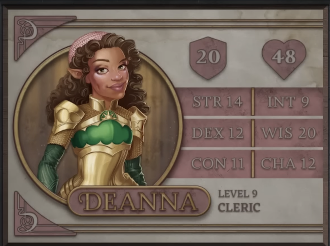 Deanna, class Cleric level 9, with 20 AC, 48 HP, 14 strength, 12 dexterity, 11 constitution, 9 intelligence, 20 wisdom, and 12 charisma. A light-brown-skinned gnomish woman with pointed ears and curly brown hair past her shoulders. She wears a pink knit cap and gold-colored plate and mail armor with green across the chest and forearms. At the top of her chest is a golden sun emblem with a green background.