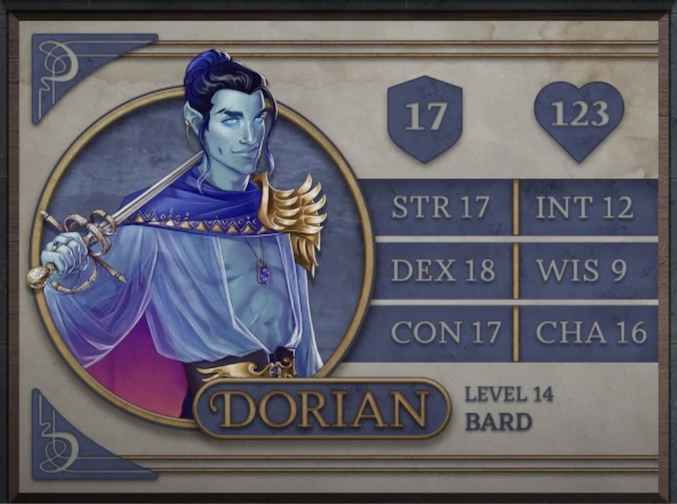 Dorian, class Bard level 14, with 17 AC, 123 HP, 17 strength, 18 dexterity, 17 constitution, 12 intelligence, 9 wisdom, and 16 charisma. An air-genasi with light blue skin, piercing blue eyes, pointy ears, and hair which shifts color from black to blue. Holding a thin blade with a double-circle guard over his right shoulder. Wearing a sheer blue top fully open down the middle, a blue cape with gold triangle accents around the collar and a purple gradient on the inside, and a golden winged left shoulder piece and winged belt buckle. A necklace with two blue gems hangs around his neck.