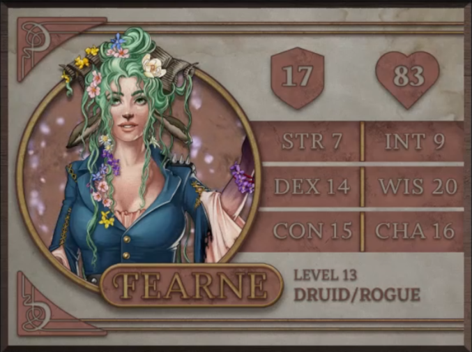 Fearne, class Druid/Rogue level 13, with 17 AC, 83 HP, 7 strength, 14 dexterity, 15 constitution, 9 intelligence, 20 wisdom, and 16 charisma. A fawn woman with white skin. Two curling horns and brown ears emerge from her long, unkempt, seafoam green hair, in which is a collection of flowers. She wears a low-cut blue jacket with gold buttons and a row of three spikes on the left shoulder. A light pink fabric is draped over her raised left arm, which has a bracelet of purple flowers on the wrist.