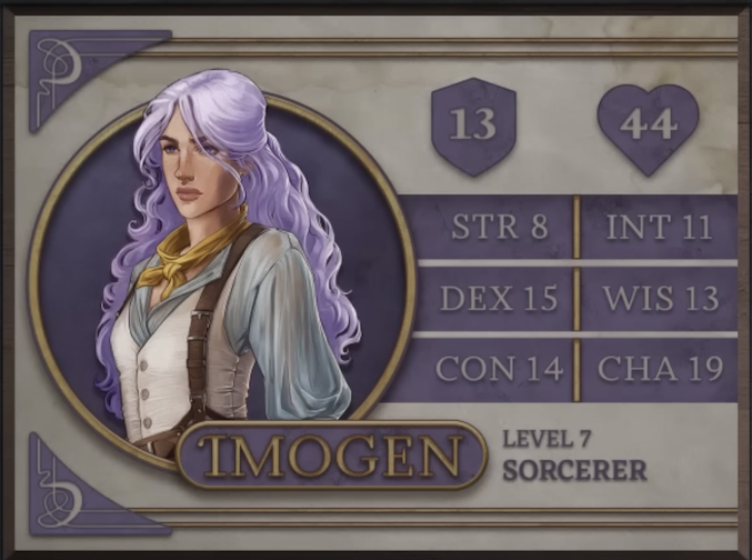 Imogen, class Sorcerer level 7, with 13 AC, 44 HP, 8 strength, 15 dexterity, 14 constitution, 11 intelligence, 13 wisdom, and 19 charisma. A woman with white skin and long, wavy light purple hair. She wears a thin, light blue dress under a tight white vest. A yellow bandana is around her neck. Brown leather suspenders arch over her shoulders.