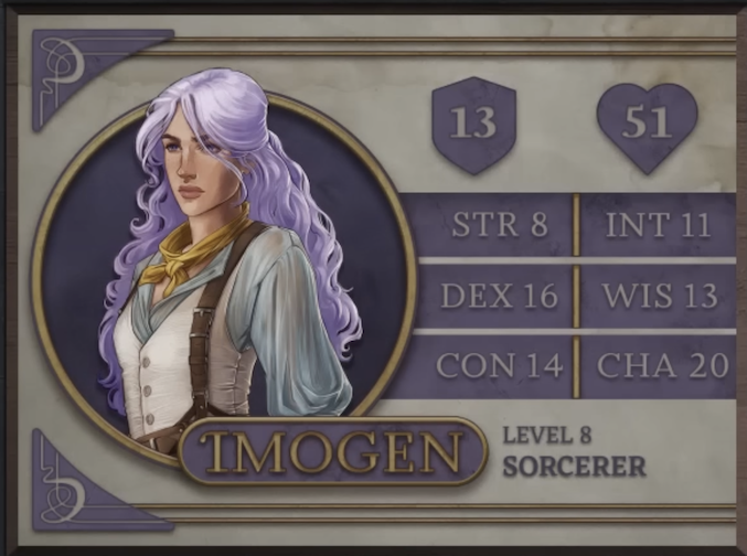 Imogen, class Sorcerer level 8, with 13 AC, 51 HP, 8 strength, 16 dexterity, 14 constitution, 11 intelligence, 13 wisdom, and 20 charisma. A woman with white skin and long, wavy light purple hair. She wears a thin, light blue dress under a tight white vest. A yellow bandana is around her neck. Brown leather suspenders arch over her shoulders.