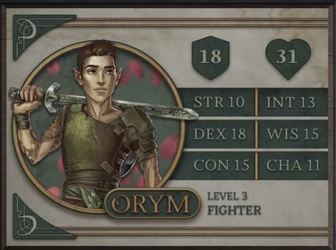 Orym, class Fighter level 3, with 18 AC, 31 HP, 10 strength, 18 dexterity, 15 constitution, 13 intelligence, 15 wisdom, and 11 charisma. A halfling man with light skin and short-cut brown hair. He wears green armor with heavy coverage on his left shoulder and his right arm fully exposed, revealing a number of tattoos in swirling circular patterns. He stands heroically with his sword in his right hand across his shoulders. The sword has a heavy metal hilt and intricate carvings of leaves on the pommel, hilt, and along the center of the blade.