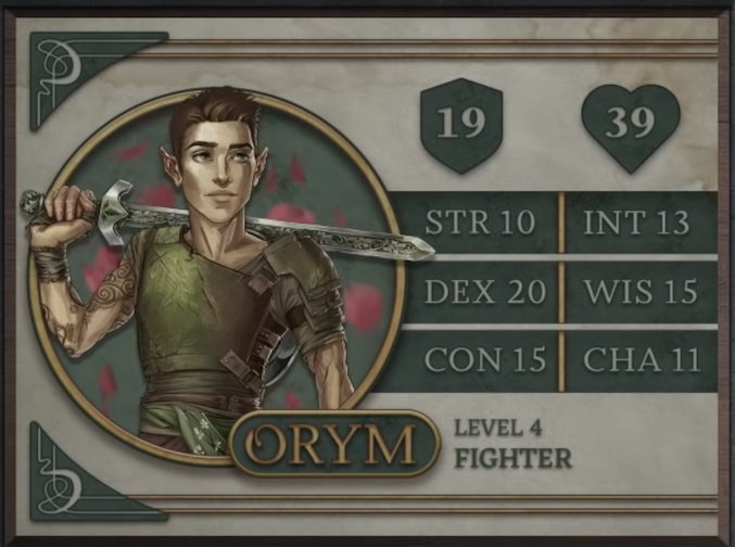 Orym, class Fighter level 4, with 19 AC, 39 HP, 10 strength, 20 dexterity, 15 constitution, 13 intelligence, 15 wisdom, and 11 charisma. A halfling man with light skin and short-cut brown hair. He wears green armor with heavy coverage on his left shoulder and his right arm fully exposed, revealing a number of tattoos in swirling circular patterns. He stands heroically with his sword in his right hand across his shoulders. The sword has a heavy metal hilt and intricate carvings of leaves on the pommel, hilt, and along the center of the blade.