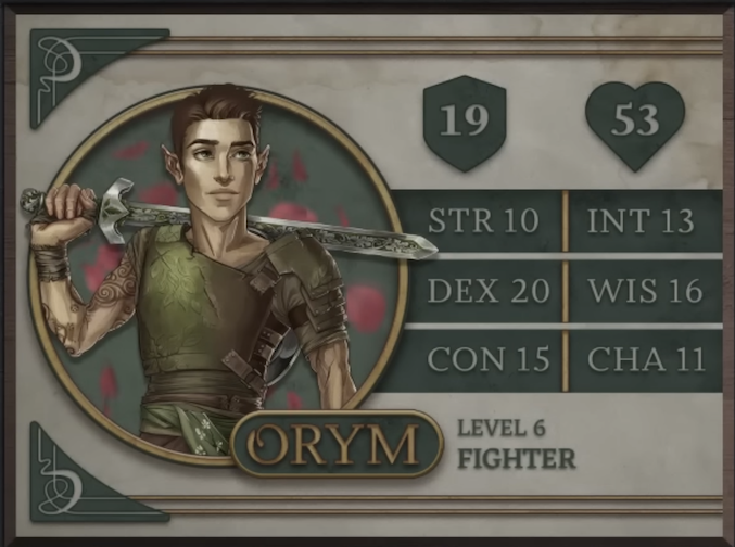 Orym, class Fighter level 6, with 19 AC, 53 HP, 10 strength, 20 dexterity, 15 constitution, 13 intelligence, 16 wisdom, and 11 charisma. A halfling man with light skin and short-cut brown hair. He wears green armor with heavy coverage on his left shoulder and his right arm fully exposed, revealing a number of tattoos in swirling circular patterns. He stands heroically with his sword in his right hand across his shoulders. The sword has a heavy metal hilt and intricate carvings of leaves on the pommel, hilt, and along the center of the blade.