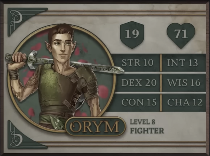 Orym, class Fighter level 8, with 19 AC, 71 HP, 10 strength, 20 dexterity, 15 constitution, 13 intelligence, 16 wisdom, and 12 charisma. A halfling man with light skin and short-cut brown hair. He wears green armor with heavy coverage on his left shoulder and his right arm fully exposed, revealing a number of tattoos in swirling circular patterns. He stands heroically with his sword in his right hand across his shoulders. The sword has a heavy metal hilt and intricate carvings of leaves on the pommel, hilt, and along the center of the blade.