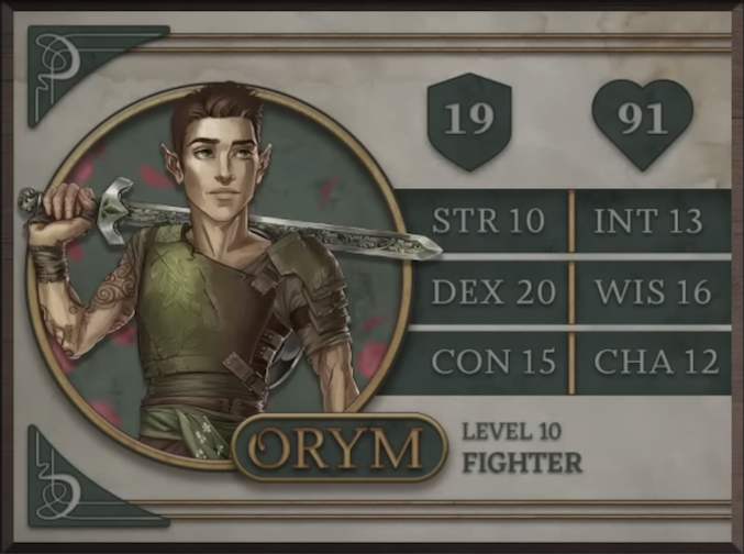 Orym, class Fighter level 10, with 19 AC, 91 HP, 10 strength, 20 dexterity, 15 constitution, 13 intelligence, 16 wisdom, and 12 charisma. A halfling man with light skin and short-cut brown hair. He wears green armor with heavy coverage on his left shoulder and his right arm fully exposed, revealing a number of tattoos in swirling circular patterns. He stands heroically with his sword in his right hand across his shoulders. The sword has a heavy metal hilt and intricate carvings of leaves on the pommel, hilt, and along the center of the blade.