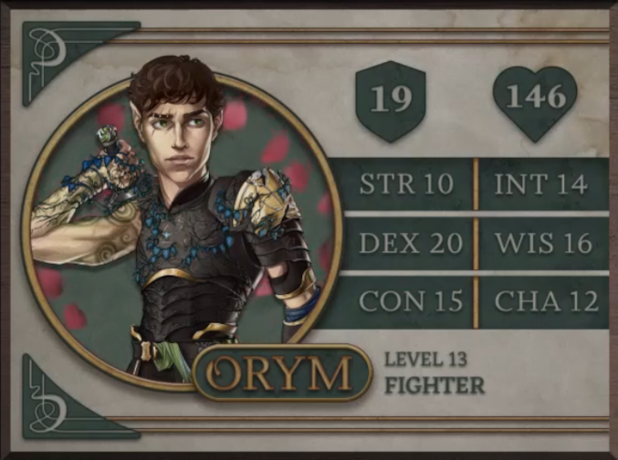 Orym, class Fighter level 13, with 19 AC, 146 HP, 10 strength, 20 dexterity, 15 constitution, 14 intelligence, 16 wisdom, and 12 charisma. A halfling man with white skin and brown curly hair cut short. Vertical scars are visible above his right eye as he stares to the left with his right hand on the hilt of his sword behind his back. He wears tight black armor with gold accents covered in blue-leafed vines which wrap around the hand gripping his sword. His toned right arm is mostly bare, revealing a number of tattoos in swirling circular patterns.