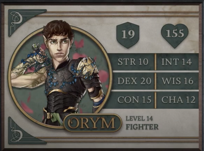 Orym, class Fighter level 14, with 19 AC, 155 HP, 10 strength, 20 dexterity, 15 constitution, 14 intelligence, 16 wisdom, and 12 charisma. A halfling man with white skin and brown curly hair cut short. Vertical scars are visible above his right eye as he stares to the left with his right hand on the hilt of his sword behind his back. He wears tight black armor with gold accents covered in blue-leafed vines which wrap around the hand gripping his sword. His toned right arm is mostly bare, revealing a number of tattoos in swirling circular patterns.