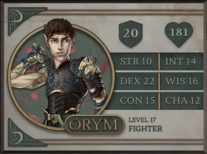 Orym, class Fighter level 17, with 20 AC, 181 HP, 10 strength, 22 dexterity, 15 constitution, 14 intelligence, 16 wisdom, and 12 charisma. A halfling man with white skin and brown curly hair cut short. Vertical scars are visible above his right eye as he stares to the left with his right hand on the hilt of his sword behind his back. He wears tight black armor with gold accents covered in blue-leafed vines which wrap around the hand gripping his sword. His toned right arm is mostly bare, revealing a number of tattoos in swirling circular patterns.