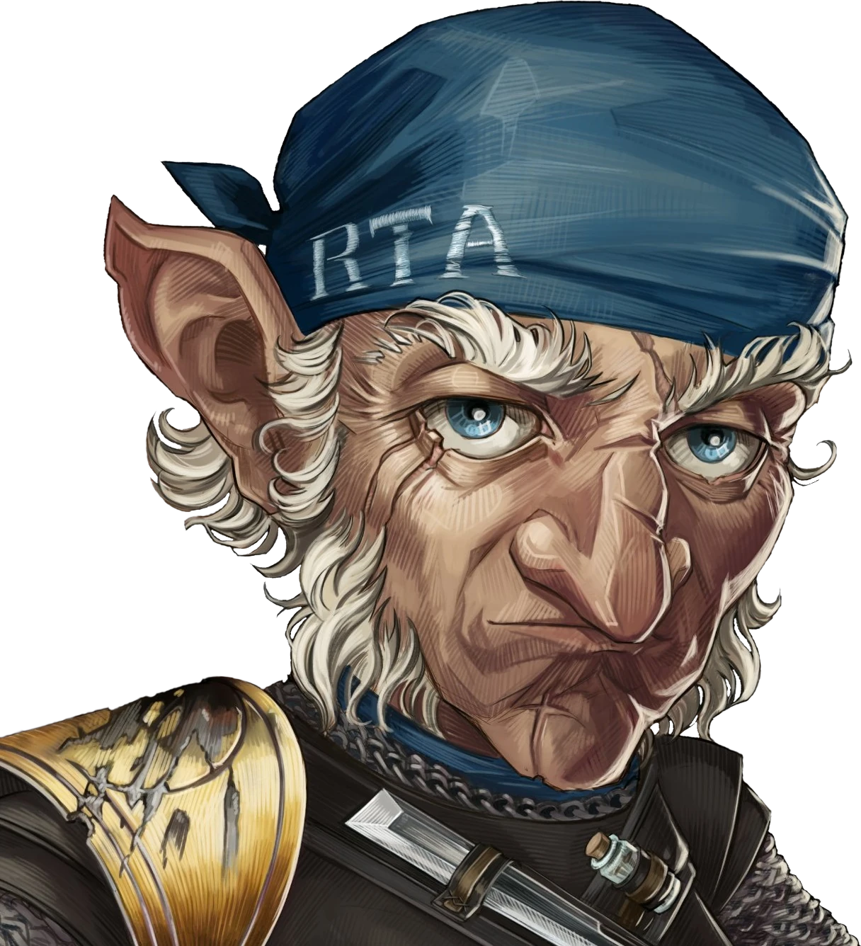 Chetney from the shoulders up. An old gnome man with white skin and tight black armor with a damaged gold plate on his right shoulder. Whispy white hair emerges from around his large pointed ears and cheeks. On his head is a blue bandana with the text “RTA” in white on the side. A woodworking tool and a small corked vial are visibile on a bandolier on his armor.