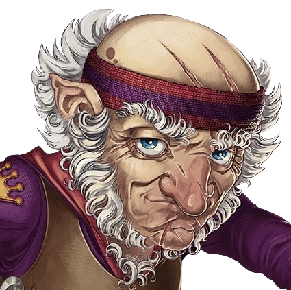 Chetney from the chest up. An old gnome with bushy white hair sprouting from around the back of his head, down his chin, within his ears, and out from his chest. Bags are under his eyes and his head is covered in scars, including two notable slashes from his forhead to his scalp. Wearing a purple suit with a gold crown on the right shoulder, covered in a sleeveless bronze armor chest piece. A purple and red sweatband is around his head.