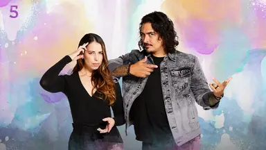 Thumbnail for episode 5. Laura and Robbie Daymond pose side-by-side. Laura has two fingers pressed to her temple while Robbie mimics playing a stringed instrument. They are dressed in black and gray and stand against a colorful backdrop with splashes of purples, oranges, blues, and greens over white.