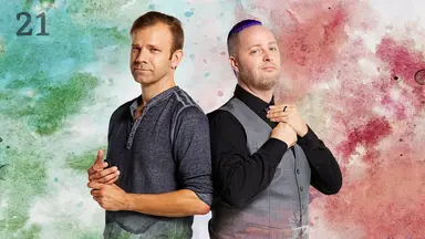 Thumbnail for episode 21. Liam and Taliesin pose back-to-back. Taliesin’s mouth is upturned into a smirk. They both seem to be cracking their knuckles. They stand against a colorful backdrop with splashes of greens on the left and reds on the right, with white underneath.