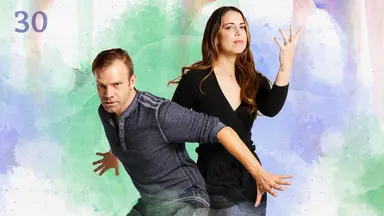 Thumbnail for episode 30. Liam stands protectively in front of Laura, his arms raised to the sides. Laura looks confident, her left hand in front of her palm backward and fingers splayed. They are dressed in gray and black and stand against a colorful backdrop with splashes of greens, purples, and oranges over white.