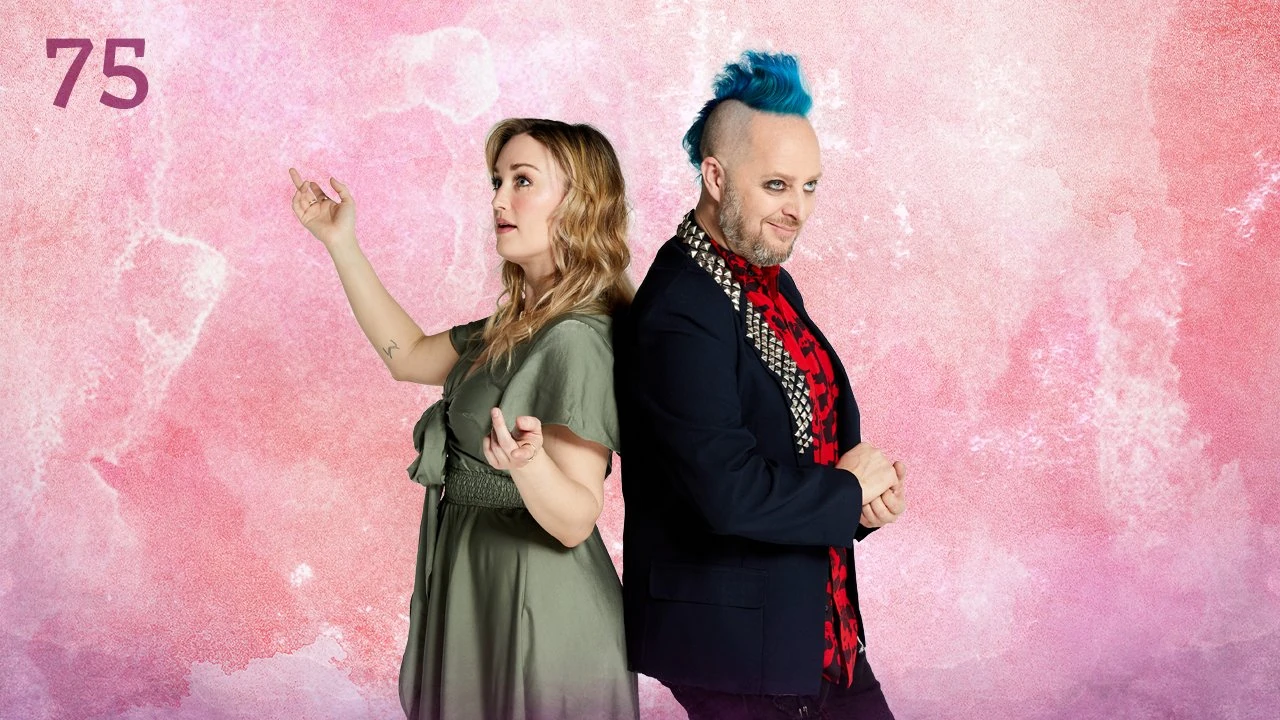 Thumbnail for episode 75. Ashley and Taliesin pose against a colorful backdrop.