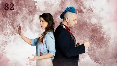 Thumbnail for episode 82. Laura and Taliesin pose against a colorful backdrop.