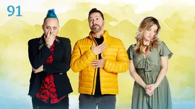 Thumbnail for episode 91. Taliesin, Sam, and Ashley pose side-by-side. Taliesin wears a black jacket over a read shirt and looks frightened, his hand over his lower face. Sam wears a bright yellow puffy jacket and looks angelic, both his hands on his torso as he looks upwards. Ashley wears a muted green dress and looks down sadly. They stand against a colorful backdrop with shapes of yellow and green over white.