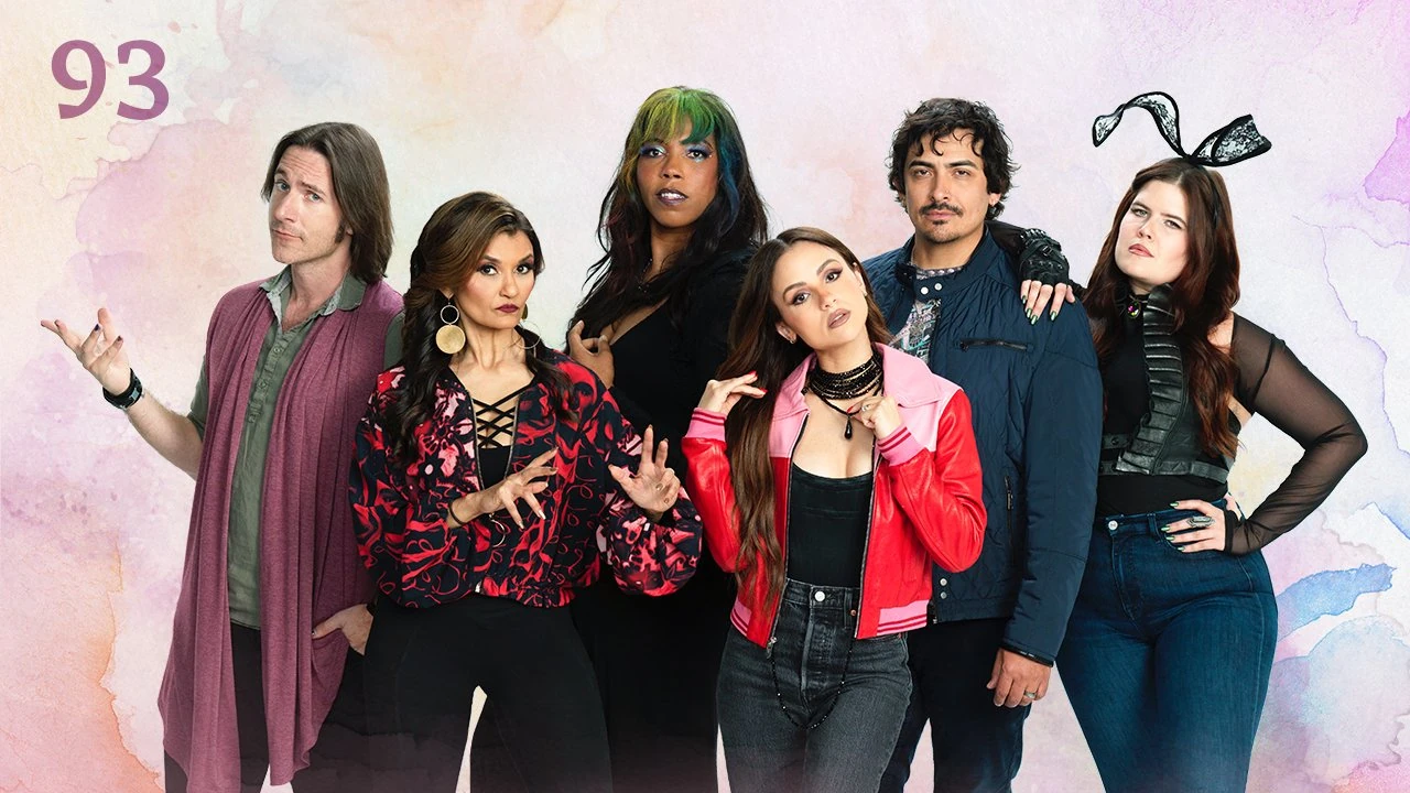 Thumbnail for episode 93. A group photo of Matt, Anjali Bhimani, Aabria Iyengar, Aimee Carrero, Robbie Daymond, and Erica Lindbeck. They are dressed in a variety of colors and styles and stand against a colorful backdrop with splashes of muted purples, oranges, and reds over white.