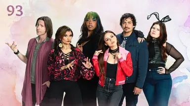 Thumbnail for episode 93. A group photo of Matt, Anjali Bhimani, Aabria Iyengar, Aimee Carrero, Robbie Daymond, and Erica Lindbeck. They are dressed in a variety of colors and styles and stand against a colorful backdrop with splashes of muted purples, oranges, and reds over white.