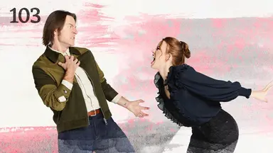 Thumbnail for episode 103. Marisha leans forward yelling at Matt, who is grimacing, seemingly blown backwards. Marisha is dressed in a dark frilly blouse while Matt is wearing a brown leather jacket over a white shirt. They stand against a colorful backdrop with splashes of reds and blacks over white which seem to flow with the force of Marisha’s scream.