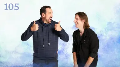 Thumbnail for episode 105. Travis and Matt face each other smiling. Travis is holding two thumbs up at shoulder level with his mouth open gleefully. Matt leans slightly forward laughing. They are dressed in blue and black and stand against a colorful backdrop with splashes of light blues over white.