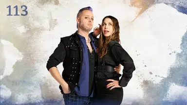 Thumbnail for episode 113. Taliesin and Laura stand close together, Taliesin’s arm around Laura’s waist. Taliesin looks forward seriously, while Laura looks upwards with her mouth slightly open. Taliesin is dressed in a black studded jacket over blue and black button-up shirts, while Laura wears all black with a wide leather belt. They stand against a colorful backdrop with splashes of tans, blues, and greens over white.