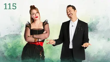 Thumbnail for episode 115. Marisha stands with her arms crossed next to Sam, who is shrugging and giving an easy smile, his head tilted slightly. Marisha looks directly at the viewer with a serious expression. Marisha wears a gauzy black dress with red belt and scissors on a red string around her waist. Sam wears a black suit jacket with black pocket square over a white button-up shirt and button adornment in the shape of a crescent moon. They stand against a colorful backdrop with splashes of greens over white.