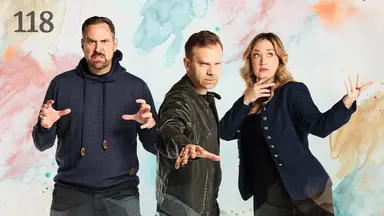 Thumbnail for episode 118. Travis, Liam, and Ashley stand side-by-side in action poses. Travis grimaces with his hands out in front like claws, Liam stands sideways with his right arm outstretched looking intensely at the viewer, and Ashley has one hand on her chin and another palm up at shoulder height. Travis is dressed in a blue hoodie, Liam in a black leather jacket, and Ashley in a blue jacket with brass buttons. They stand against a colorful backdrop with splashes of pinks, oranges, yellows, blues, and greens over white.