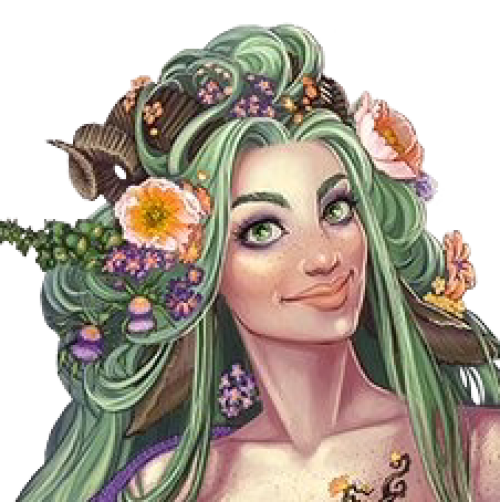 Fearne from the shoulders up. A fawn woman with white skin, eye shadow, and two curled horns sprouting from her head. In her long, sea green, unkempt hair is a collection of orange and purple flowers.