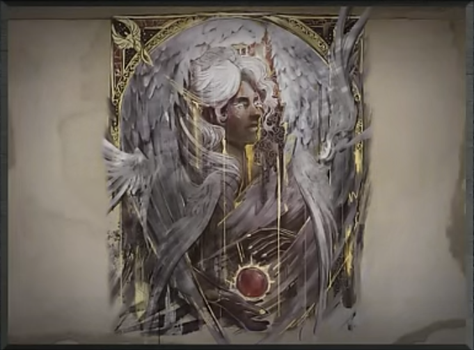 A dark-skinned woman with white hair, pictured in a golden frame decorated with filigree and small angelic figures. The body of the frame is overflowing with numerous white-feathered wings pointing in all directions. At the bottom is a smooth, glowing red gem.